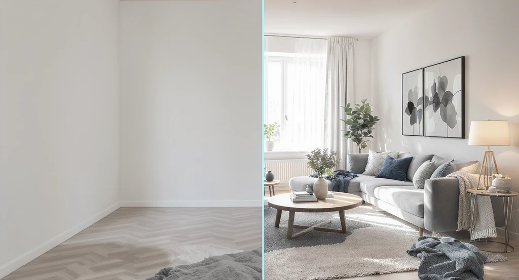 Split-screen image comparing an empty living room with a virtually staged one, illustrating does virtual staging sell homes faster and best virtual staging practices for realtors.