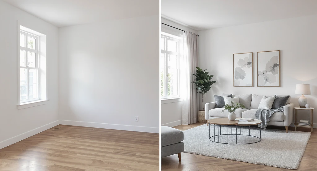 Split-screen of a modern living room, left side empty, right side virtually staged with stylish decor—highlighting does virtual staging sell homes faster and best virtual staging practices for realtors.