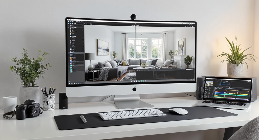 Modern workstation showing a split-screen comparison of virtual staging vs empty room photos, emphasizing best virtual staging practices for realtors and the impact of virtual staging on buyer trust.