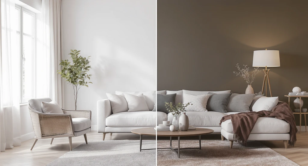 Side-by-side scene of the same living room shown empty and then virtually staged, illustrating does virtual staging sell homes faster, virtual staging vs empty room photos, ethical virtual staging disclosure, buyer trust, and best practices for realtors.