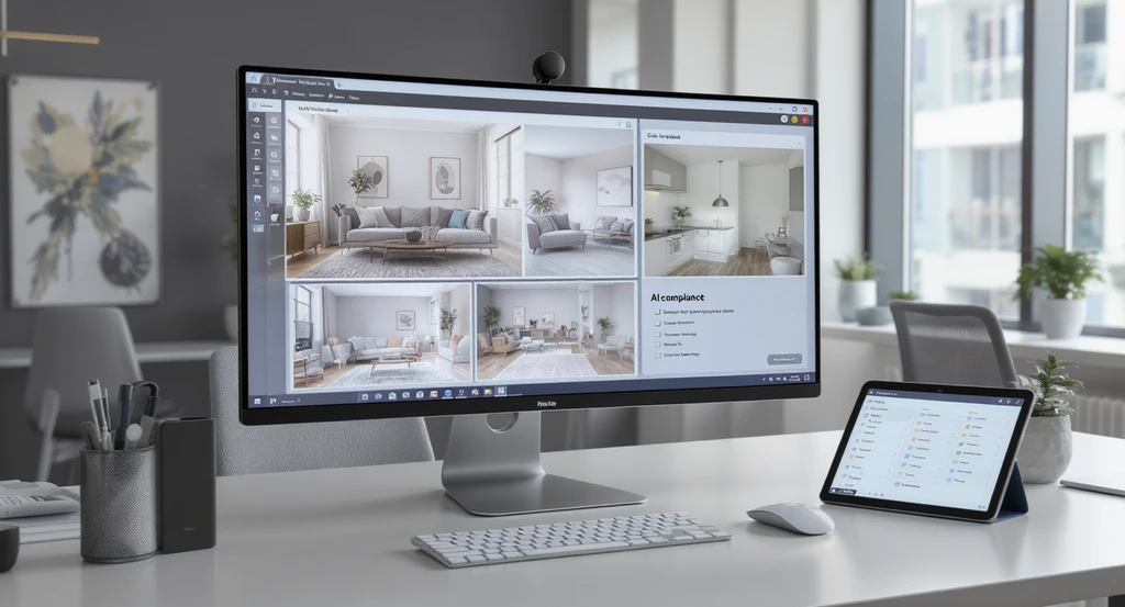 Editorial photo of a real estate workspace showing virtual staging software, compliance checklist, and media archive tools for MLS photo rules and disclosures.