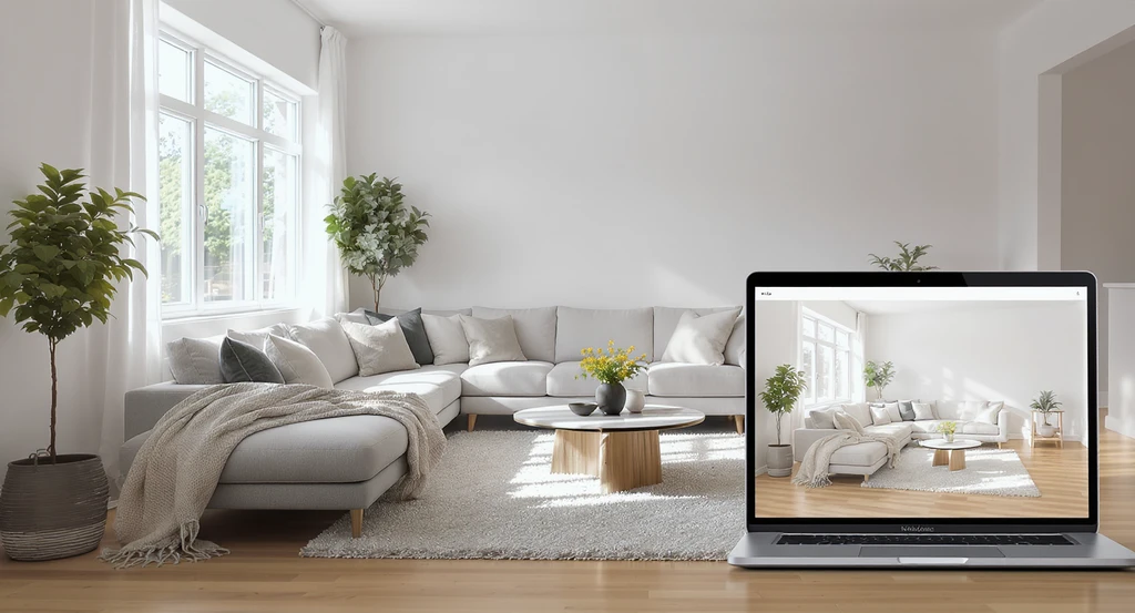 Professionally staged living room using virtual staging; modern furniture and decor added digitally, with a laptop showing before-and-after images, illustrating MLS virtual staging rules, allowed enhancements, fair housing law compliance, and disclosure best practices for 2026.