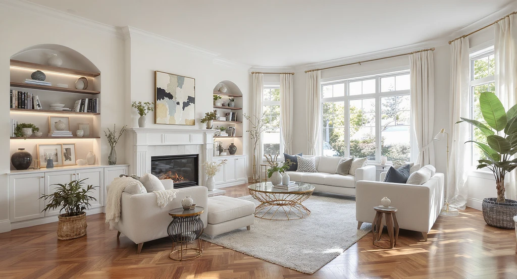 Photorealistic living room with digital furniture staging, all permanent features visible and unaltered, illustrating virtual staging rules for MLS photos and compliance best practices.