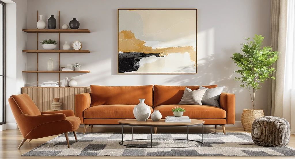 Realistic virtually staged living room with modern furniture, art, rug, and decor—no people or pets—for MLS photos, compliant with fair housing law and virtual staging disclosure requirements 2026.