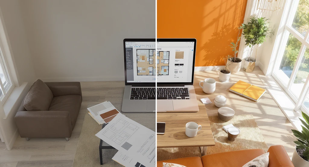 Bridging the visualization gap in home renovation: photorealistic living room showing before, digital renovation tools with material previews, and after, illustrating how visualization tools improve renovation outcomes and reduce mistakes.