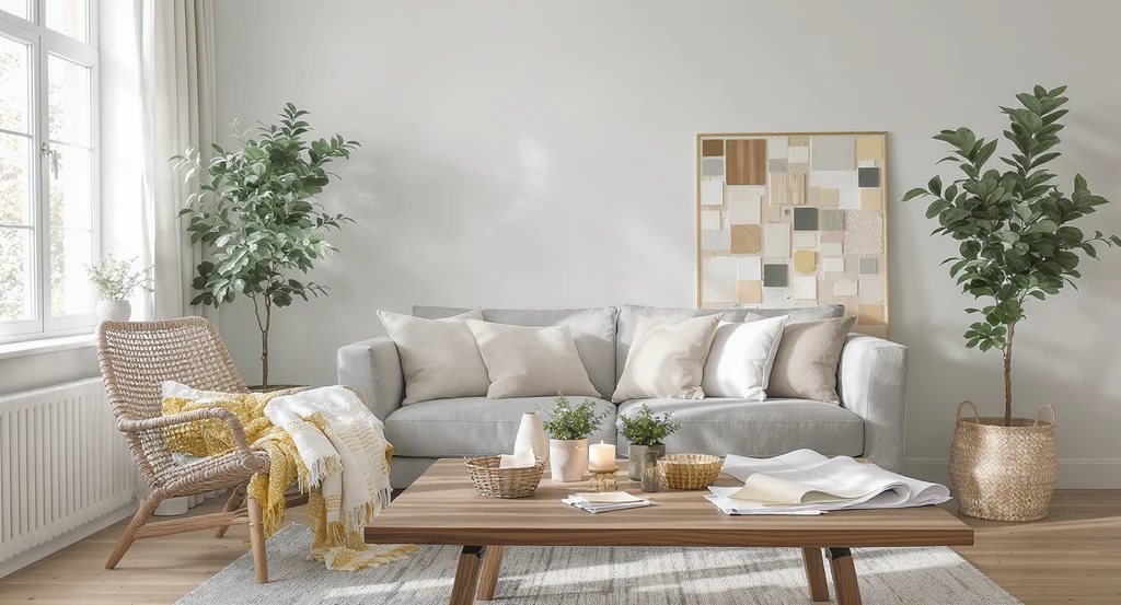 A sunlit living room with open floor plans, paint samples, fabric swatches, and lighting fixtures illustrates bridging the visualization gap in home renovation and how visual tools improve renovation outcomes by reducing mistakes.