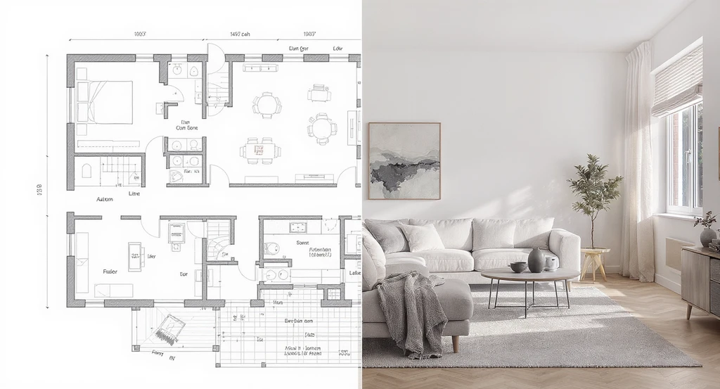 Photorealistic split-view of a living room, with half showing a grayscale plan and half a finished preview, bridging the visualization gap in home renovation by demonstrating how visual tools reduce renovation mistakes and improve outcomes.