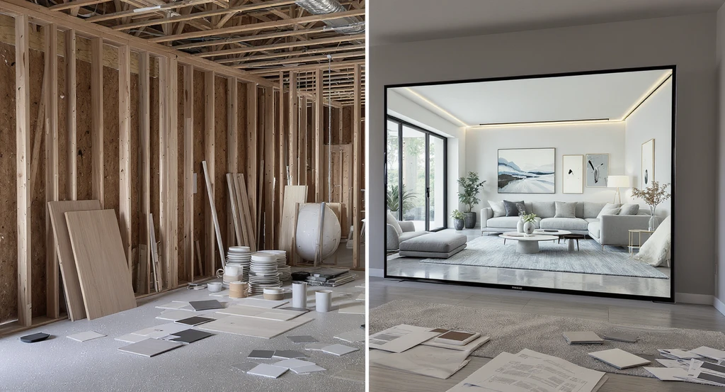 Modern living room mid-renovation with physical samples and mood boards contrasted against a digital 3D visualization—bridging the visualization gap in home renovation and reducing mistakes with visual tools.