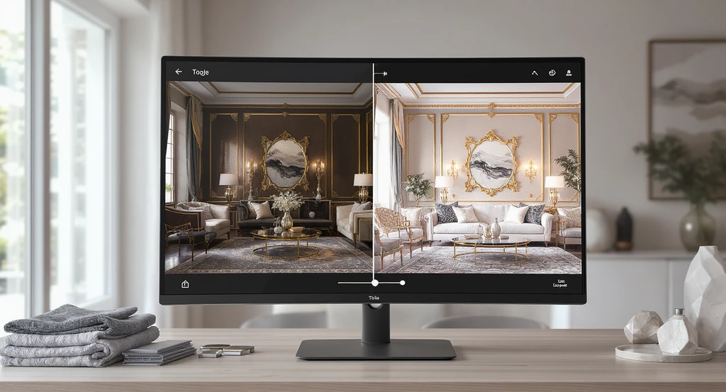 High-end glam living room shown onscreen using the best visualization tools for interior design, comparing correct and mistake-prone layouts for how to design a glam living room and tips on mistakes to avoid in glam living rooms.