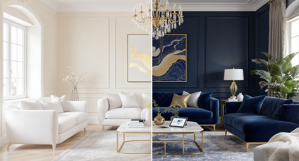 Modern glam living room design step-by-step, showing how to design a glam living room using best visualization tools for interior design, highlighting modern glam living room styling tips, and visually illustrating mistakes to avoid in glam living rooms such as mismatched pieces or poor lighting choices.