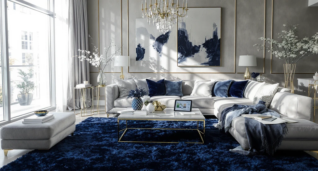 A modern glam living room mid-redesign, showing scale and style mistakes: oversized sofa, mismatched metallics, rug, and digital room planning tools on display—how to design a glam living room using the best visualization tools for interior design and modern glam living room styling tips; scene highlights common mistakes to avoid in glam living rooms.