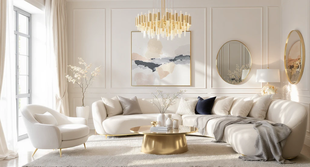 How to design a glam living room—neutral colors, subtle metals, sculptural furniture, oversized art, and styling tips for modern glam spaces.