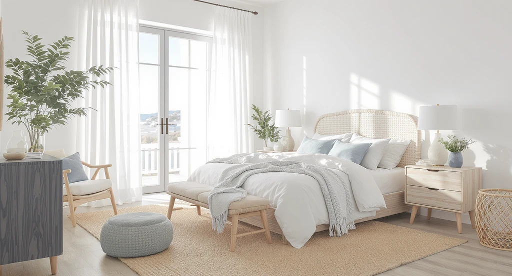 Modern coastal bedroom design ideas shown: serene, airy space with large windows, sheer curtains, white and beige palette, and layered natural textures. Learn how to create a serene coastal bedroom with this color palette inspiration and avoid mistakes in coastal bedroom design.
