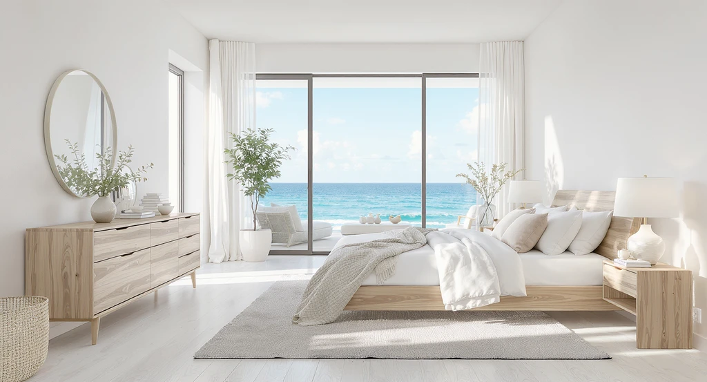 Modern coastal bedroom with light neutral colors, minimal furniture, abundant natural light, and airy layout, illustrating how to create a serene coastal bedroom and common mistakes to avoid in coastal bedroom design.