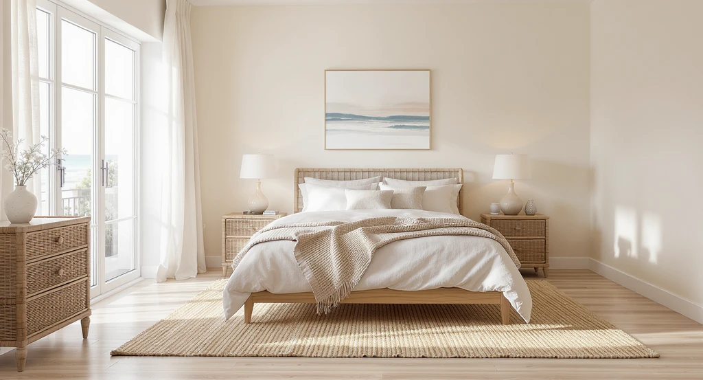 Modern coastal bedroom with pale neutral walls, light wood floors, jute rug, linen bedding, rattan nightstand, layered lighting, and minimal accessories, exemplifying how to create a serene coastal bedroom and avoid common design mistakes.