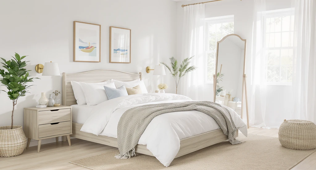 Modern coastal bedroom design ideas: small serene space with light walls, storage bed, wall-mounted lights, large mirror, and minimal decor for a calming, airy feel.