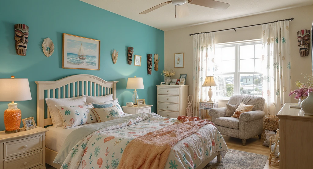 Modern coastal bedroom design ideas gone wrong—cluttered bedroom with clashing colors, uneven lighting, crowded layout, and mismatched coastal decor.