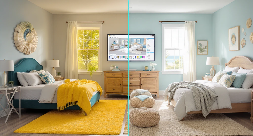 Photorealistic sunlit coastal bedroom, split between a mismatched design with clashing furniture and a calm, harmonious layout previewed on a visualization tool. Modern coastal bedroom design ideas, how to create a serene coastal bedroom, coastal bedroom color palette inspiration, and mistakes to avoid in coastal bedroom design are visually demonstrated.