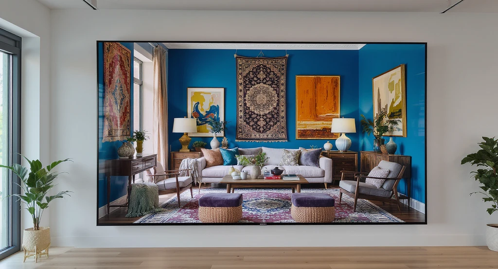 Ultra-realistic visualization of a maximalist living room with bold blue walls, layered tapestries, heirlooms, eco-wood furniture, and sculptural lamps—showcasing interior design trends for 2026 homes and slow decorating benefits.
