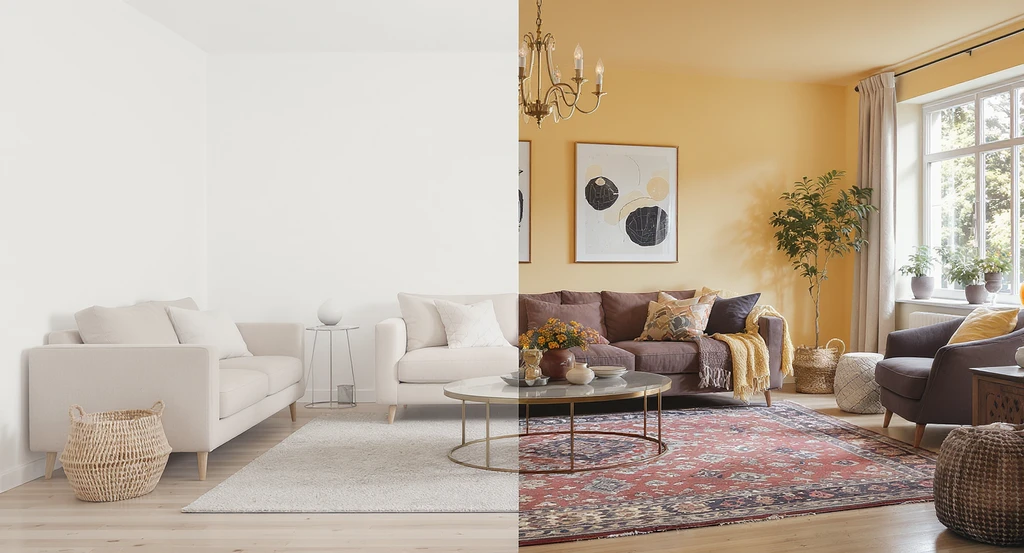 Digitally staged 2026 living room split, showing before and after: plain minimal space transformed with layered colors, vintage furniture, and slow decorating trends.
