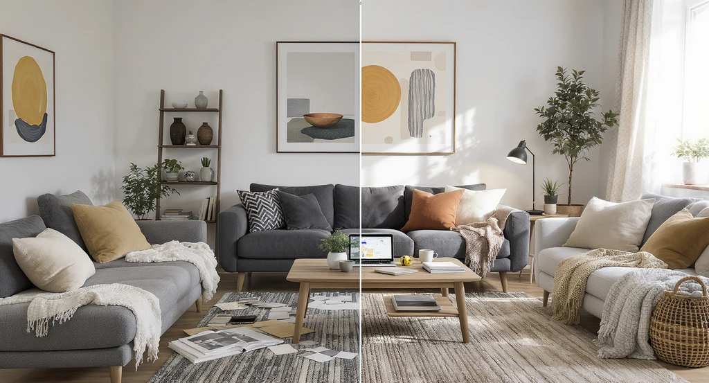 Modern living room split between trendy disposable decor and curated vintage furniture, showing 2026 interior design trends and benefits of slow decorating.