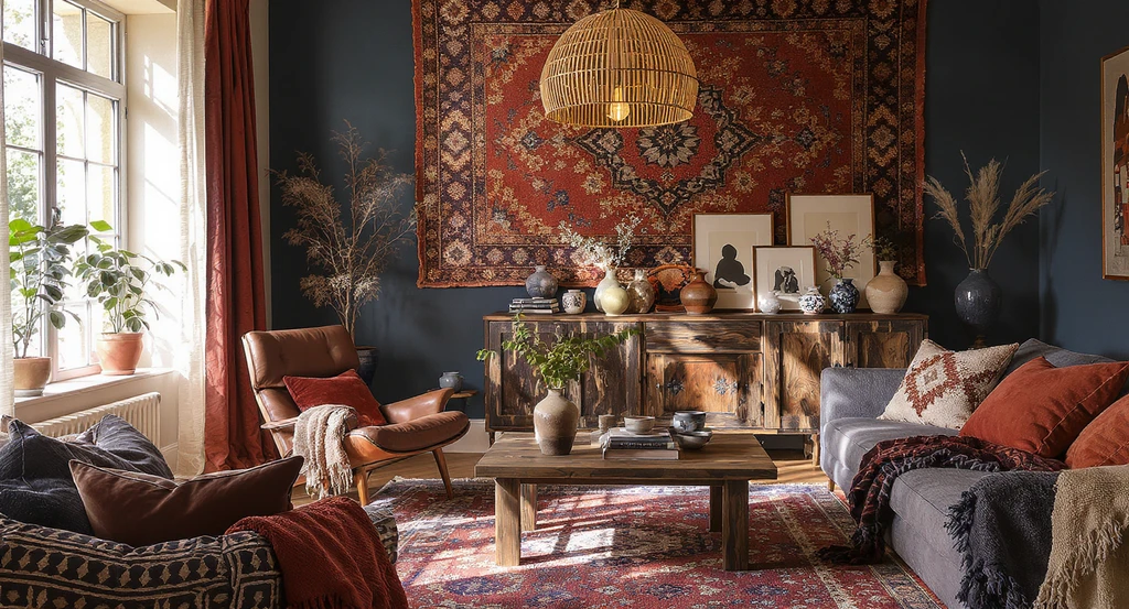 Living room highlighting interior design trends for 2026 homes: meaningful maximalism with curated vintage furniture, artisan ceramics, layered textiles, and slow decorating.