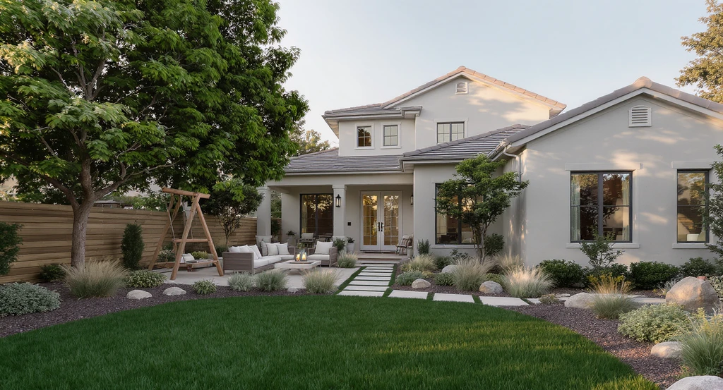 Front yard landscaping upgrades with outdoor living space, drought-tolerant garden, mature trees, and enhanced entryway boosting home value and curb appeal.