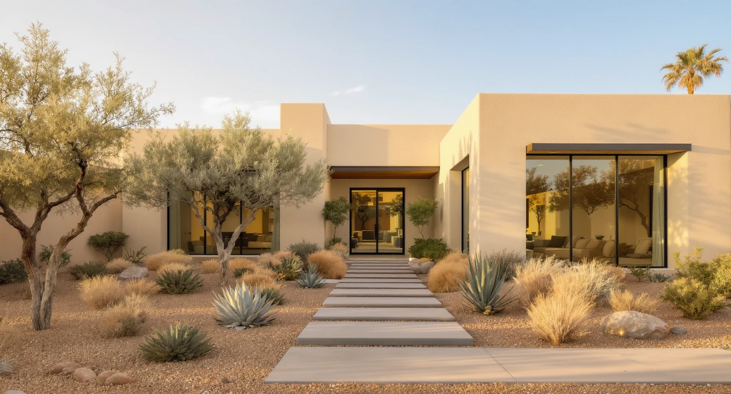 Modern front yard with new walkway, flowering shrubs, mature trees, a patio with edible garden beds, and cohesive landscaping upgrades that boost home value and curb appeal.