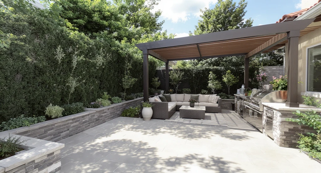 Contemporary backyard with a paved patio, pergola, outdoor kitchen, raised edible gardens, and privacy landscaping—showcasing landscaping upgrades to increase home value and the best front yard curb appeal ideas for homeowners seeking high return on investment in outdoor living spaces.