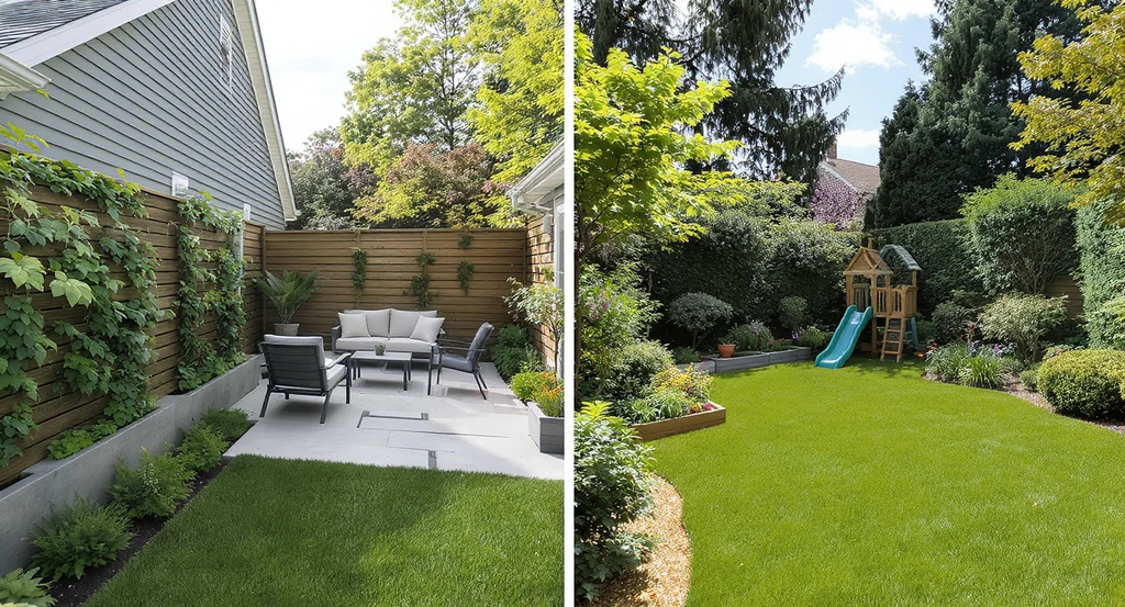 Side-by-side comparison of a small yard with vertical gardens and simplified patio, and a large yard with edible gardens, play area, and privacy landscaping. Landscaping upgrades to increase home value, best front yard curb appeal ideas, cost-effective edible garden landscaping tips, and how trees impact property value are showcased.