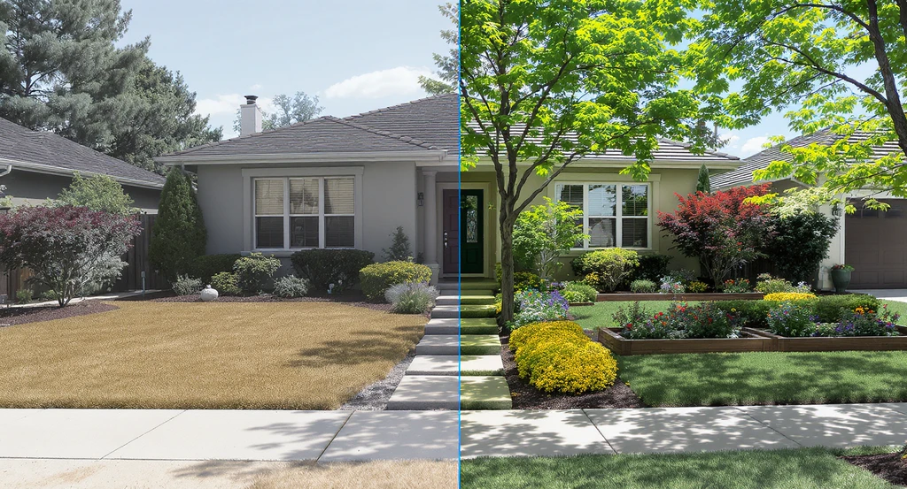 Photo-realistic before-and-after visualization showing landscaping upgrades that increase home value, including best front yard curb appeal ideas and cost-effective outdoor living improvements, in a split-view of the same yard.
