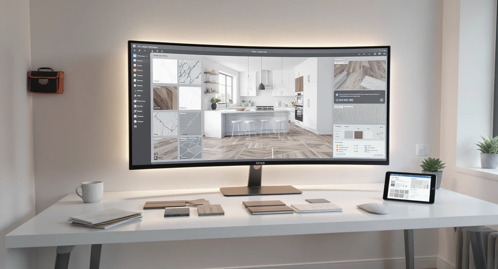 Ultra-realistic workspace with a large digital screen showing ai home renovation visualization tools, material swatches, and floor plans to illustrate how to visualize renovations with ai, showing how ai tools help reduce renovation mistakes and support clear virtual staging for home sales.