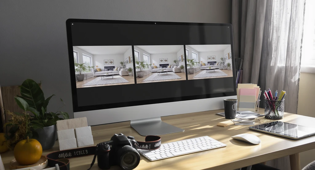 Professional workspace with ai home renovation visualization tools: computer showing how to visualize renovations with ai, comparing full-room previews and material overlays to reduce renovation mistakes and boost home sales.