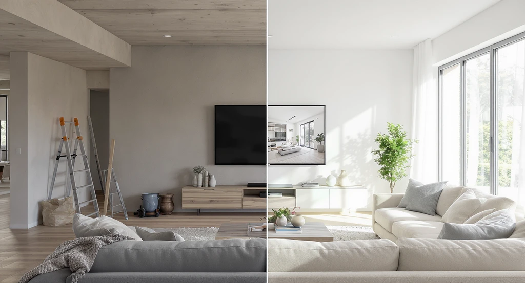 A living room divided into unfinished and finished halves with digital ai home renovation visualization tools displayed, showing how to visualize renovations with ai and use ai tools that reduce renovation mistakes.