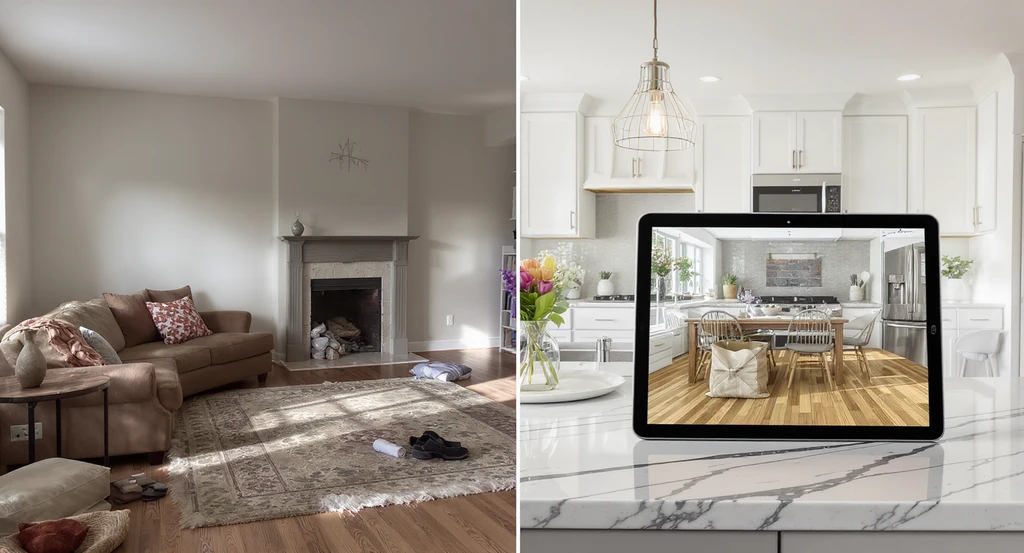 A split-view living space shows renovation pitfalls: clashing finishes, poor lighting, cramped layout, contrasted with a tablet displaying an ai home renovation visualization tool that simulates coordinated surfaces and optimal room flow. This demonstrates how to visualize renovations with ai and how ai tools reduce renovation mistakes in real-world settings.