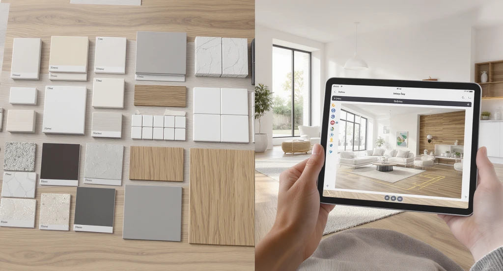 Modern living room with physical material samples and a tablet showing ai home renovation visualization tools for layout, lighting, and design comparison to visualize renovations before starting, helping reduce renovation mistakes and compare ai room design platforms.