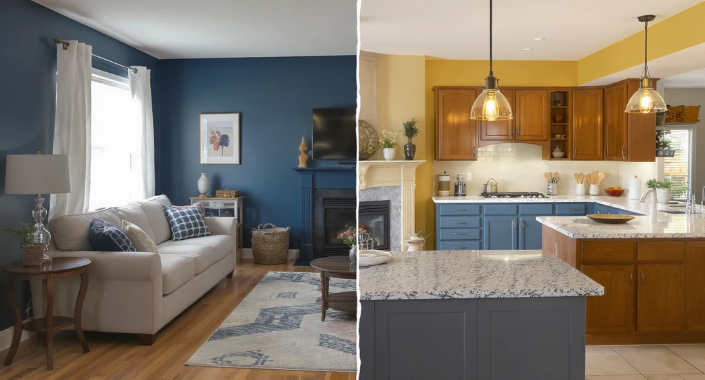 Side-by-side photo of a living room showing a cluttered design with clashing materials and poor lighting versus a cohesive, well-lit space, illustrating how to visualize renovations with ai home renovation visualization tools and reduce renovation mistakes.