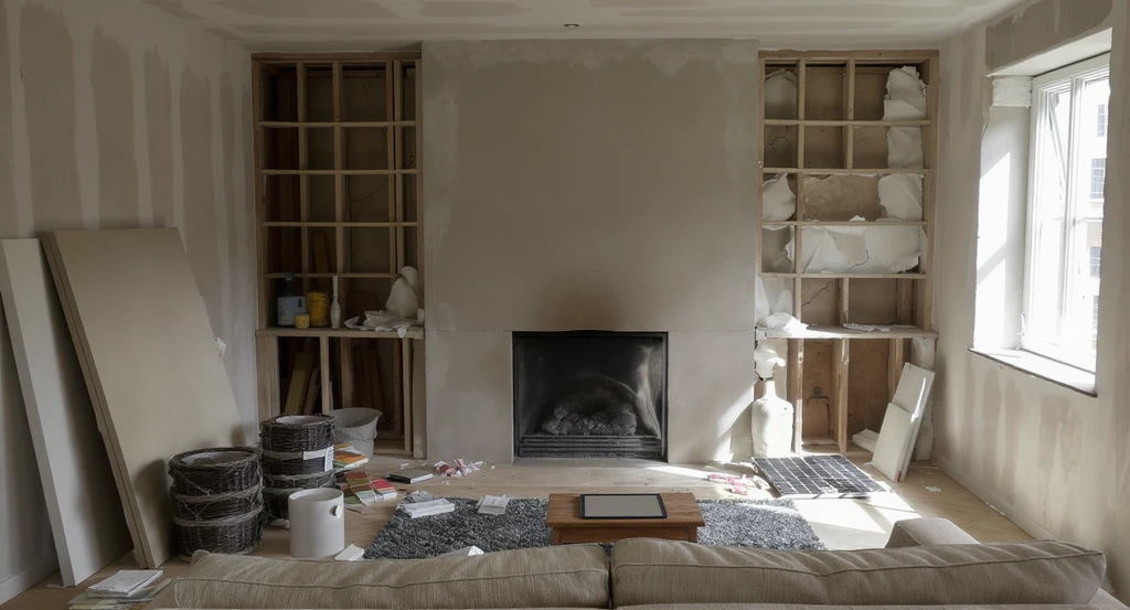 Photorealistic unfinished living room renovation showing mismatched finishes, misplaced lighting, exposed studs, and renovation tools. Demonstrates why ai home renovation visualization tools and how to visualize renovations with ai help avoid costly mistakes in remodels.