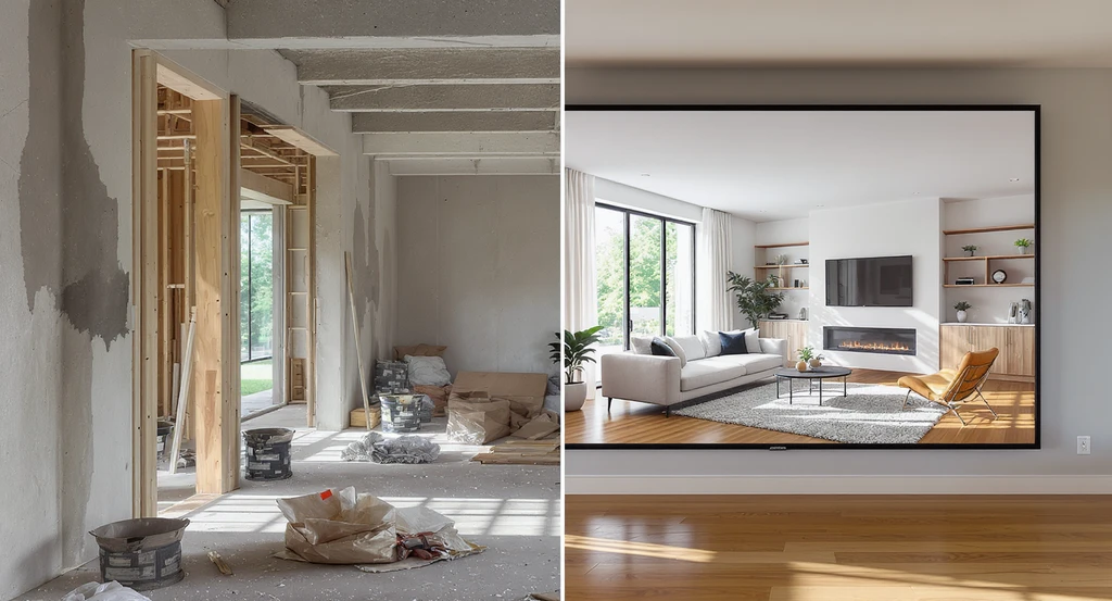 Modern, mid-renovation living room with real unfinished space beside a screen showing an AI-generated visualization of the completed design, illustrating how to visualize renovations with AI and compare home renovation platforms to reduce renovation mistakes.