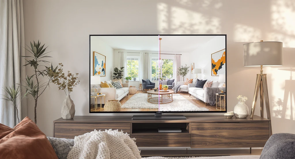 A real living room with a digital tablet on a table showing side-by-side ai home renovation visualizations, illustrating how to visualize renovations with ai tools and compare ai room design platforms for reduced renovation mistakes and improved virtual staging impact on home sales.