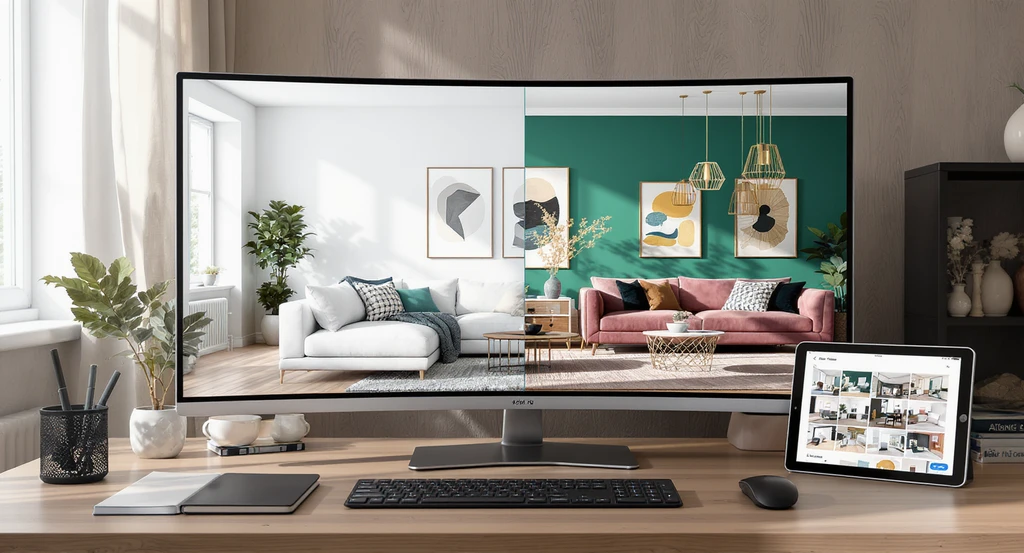 A computer monitor and tablet display side-by-side ai-powered room visualization tools for homeowners, showing how ai accelerates home design decisions by presenting realistic previews of different room layouts, supporting virtual staging with ai visualization platforms, helping real estate listing improvement, and enabling users to avoid renovation mistakes with ai previews through immediate comparison of multiple styles and lighting options.