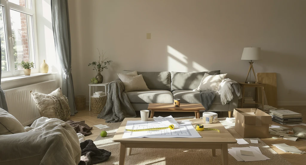 A realistic living room showing mismatched furniture layouts, paint samples on the wall, and floor plans, illustrating how ai-powered room visualization tools for homeowners accelerate home design decisions and virtual staging, helping avoid renovation mistakes.