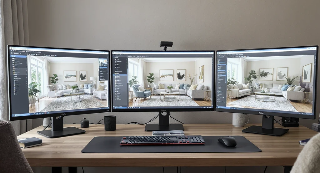 Modern home office with photo-based AI room visualization tools showing real-time design changes, virtual staging, and materials for ai-powered room makeovers.
