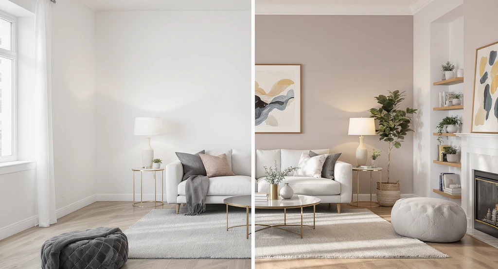 Photorealistic split-view of a real living room: one side empty, the other realistically overlaid by an AI room visualizer showing new furniture and wall colors. This illustrates how AI room visualizer tools work, the benefits of AI home visualization, and helps avoid common mistakes with room design AI for interior planning and real estate previews.