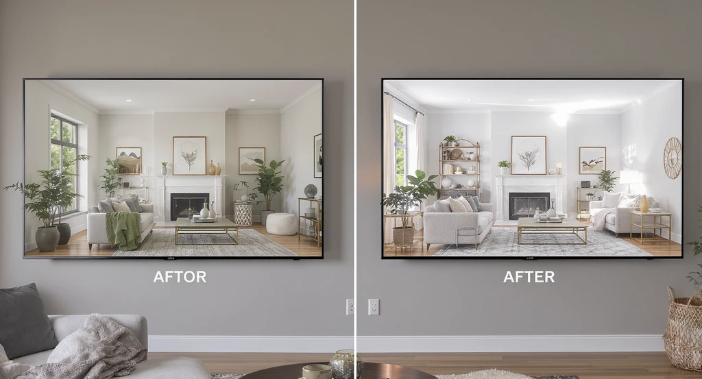 Modern living room with a split display: left side showing a real photo, right side displaying an AI-generated design preview. Demonstrates ai room visualizer for home design, how ai generates room layouts, best ai tools for virtual staging, ai furniture placement suggestions, and limitations of ai interior design.