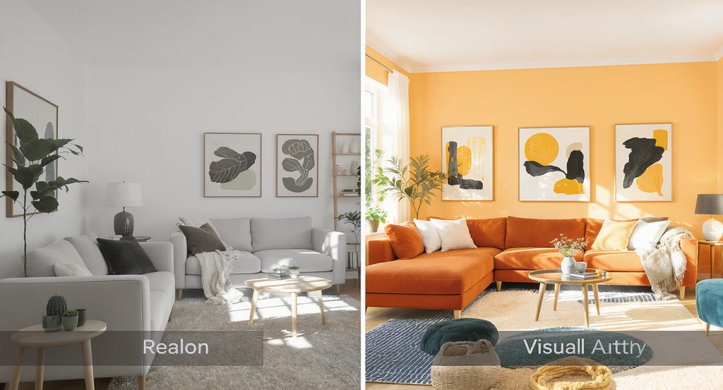 Ultra-realistic split-view of a living room, showing how ai room visualizer for home design works by instantly previewing different furniture layouts and styles.