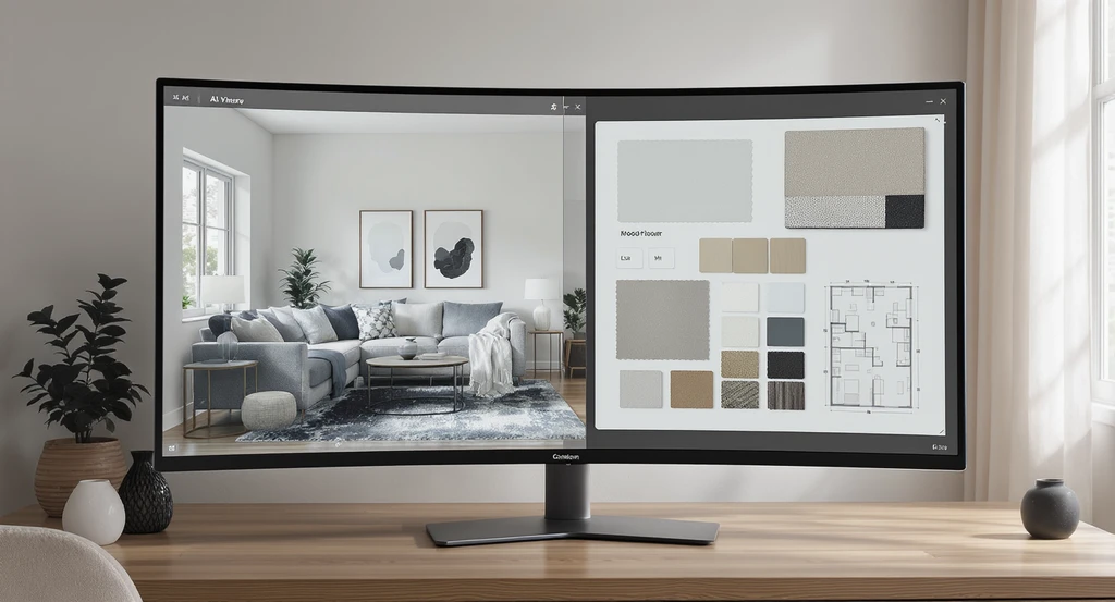 Modern home office with a split-screen display comparing AI room visualization to traditional mood boards, illustrating best AI room visualization tools 2026 and the cost difference between AI home design vs interior designers for effective real estate staging.