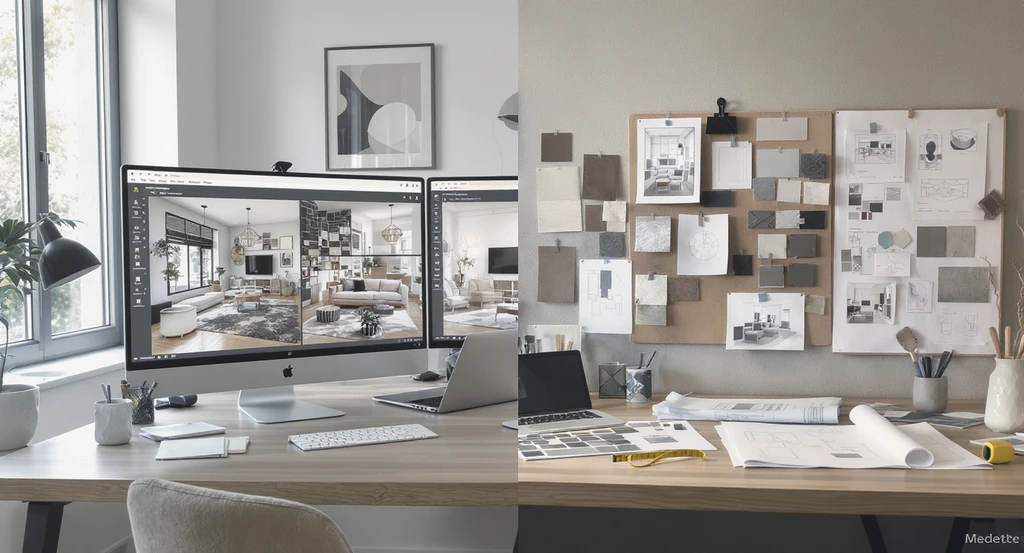 Modern home office split between AI home design visualization tools and traditional interior designer materials, illustrating the best-use scenarios for AI vs designers, hybrid home design approach benefits, and the cost difference between AI design and designers in 2026.