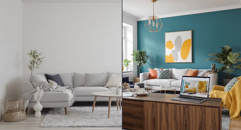 A photorealistic living room comparing AI home design vs interior designers, showing a split before-and-after. Highlights best AI room visualization tools 2026 and how AI transforms real estate staging, emphasizing the cost difference and hybrid home design approach benefits.