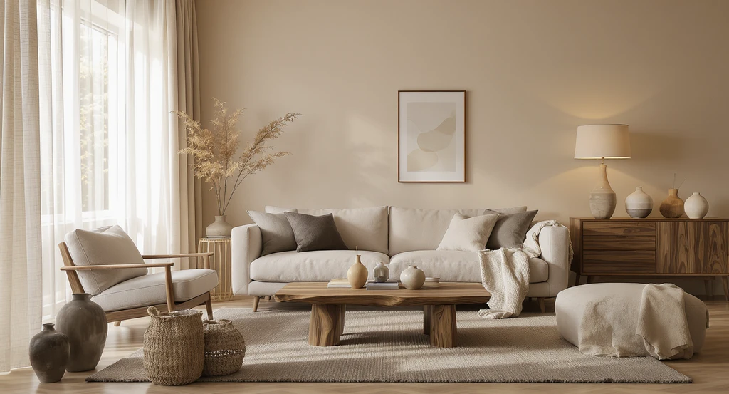 Editorial image showing a warm minimalist living room designed with ai home design for fusion interiors using ai interior design tools for mixed styles, featuring layered organic woods, handcrafted decor, textured fabrics, natural stone, and ambient lighting for emotionally engaging rooms.